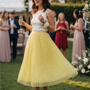 J CREW Elegant/Stunning Yellow Tulle w/blue glitter spots Pleated Skirt size 8